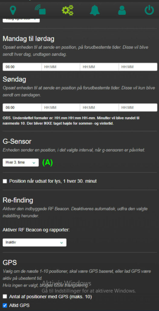 oversigt over g-sensor indstillinger